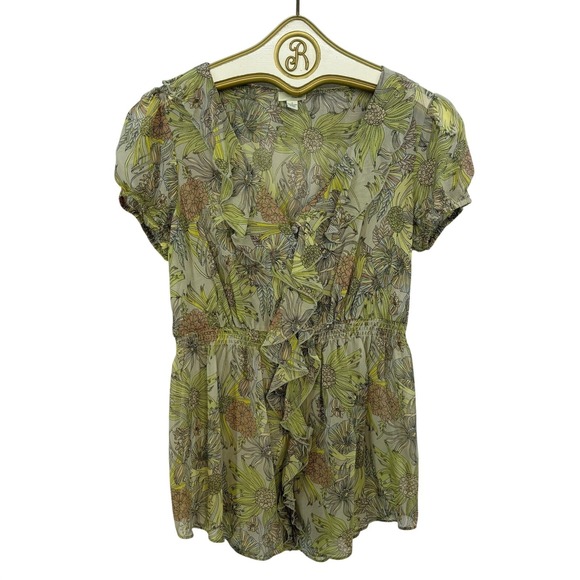 Odille Tops - Odille Anthropologie Silk Floral Ruffle Blouse Womens Size 2 Green Boho Feminine